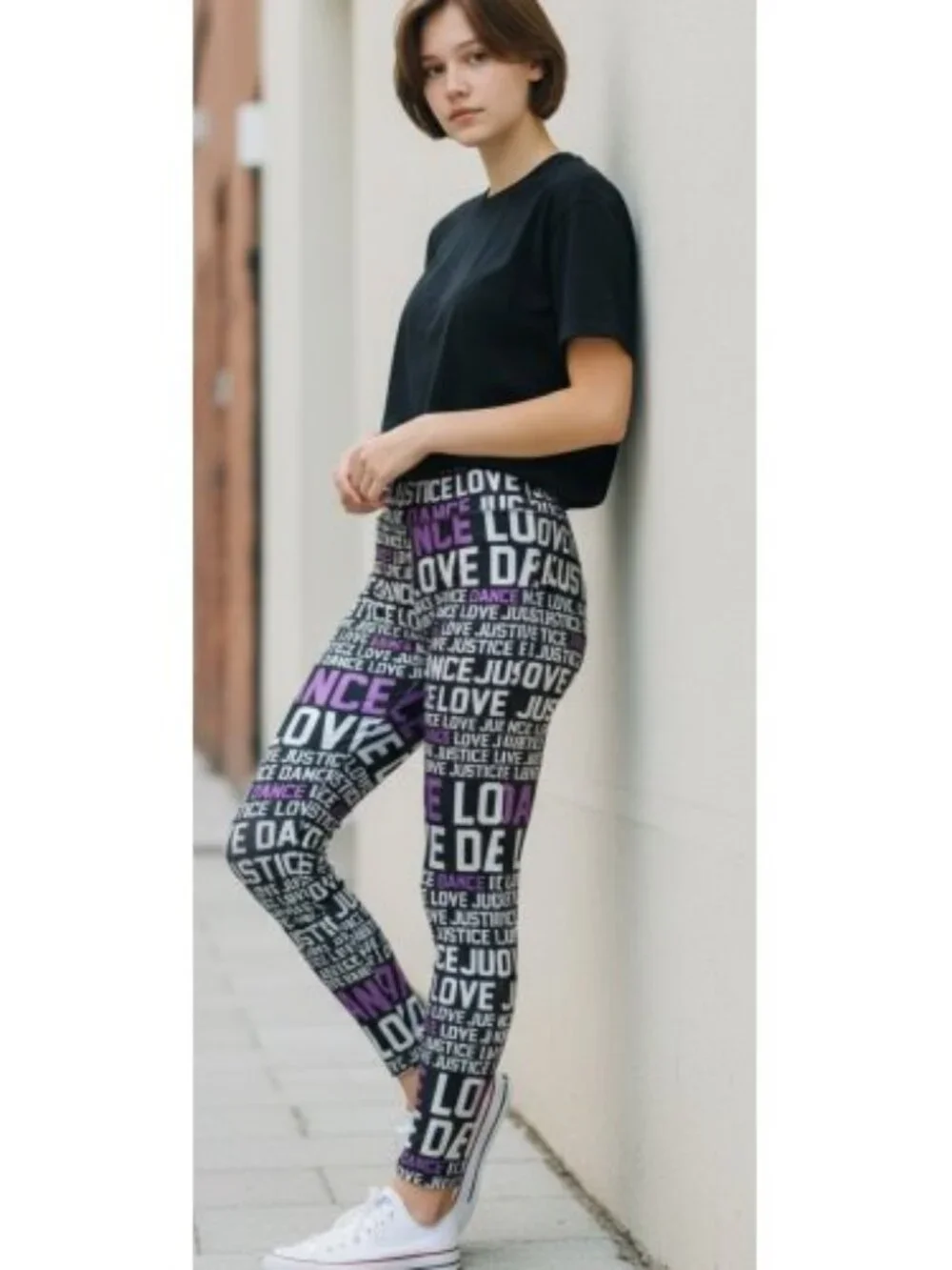 JUSTICE Black Dance Love Print Full Length Dri Fit Leggings Girls Size 10